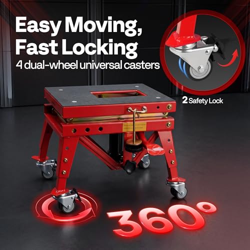 VIVOHOME 350 Lbs Heavy Duty Hydraulic Motorcycle Lift Jack, ATV Dirt Bike Foot Operated Scissor Stand Table with 4 Wheels and Removable Stopper, Red - color: Red