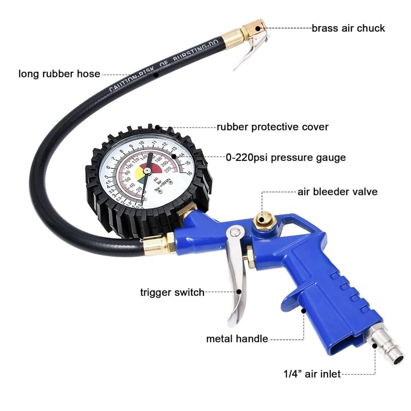 Tire Inflator with Pressure Gauge 16 Bar, 220 PSI Air Chuck with Hose and Quick Connect Plug for RV Car Motorcycle Bike