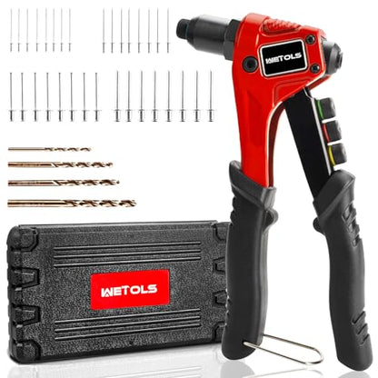 WETOLS Pop Rivet Gun Kit with 200 Blind Rivets, Upgraded Manual Single Hand Riveter with 4 Tool-Free Interchangeable Rivet Heads and 4 Drill Bits, Pop Rivet Tool Kit with Sturdy BMC Carrying Case - size: Regular Rivet Gun
