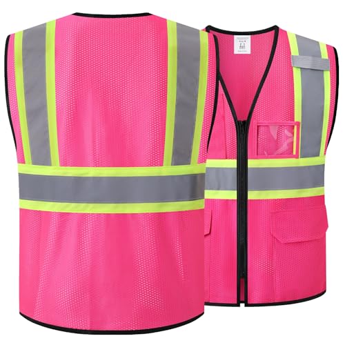 Reflective Safety Vest for Men Women Hi Vis Vest with Pockets High Visibility Vest Mesh Construction Vests Meets ANSI/ISEA Standards (Pink-33, Medium) - color: Pink-33, size: Medium