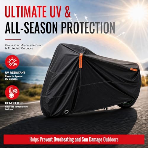 Motorcycle Cover Waterproof Outdoor Heavy Duty All-Weather UV Protection with Reflective Strips & Lock Holes,Storage Bag,Sport,Fits Most Cruiser,Touring,Street,Dirt Bike (Length up to 104") - size: 104"(3XL)