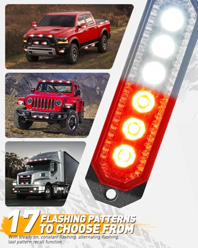 HLauto 406T Emergency Strobe Grille Lights: 4Pcs 6 LED Sync Feature Safety Warning Flashing Light, 12V-24V Ultra Slim Surface Mount Hazard Caution Light for Truck, Vehicle, Car, ATV, UTV (Red White) - color: Red/White
