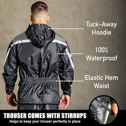 Waterproof Motorcycle Rain Suit, 2-Piece Reflective Gear, Lightweight Riding Jacket & Pants, Protective Raincoat with Hoodie - color: Gray, size: M-L