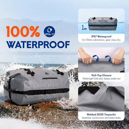 Haimont IPX7 Waterproof Roll-Top Dry Duffel Backpack | 60L/90L Sizes, 500D Tarpaulin, Welded Seams, Mesh Pockets, Boating & Kayaking - color: Light Gray, size: 60L