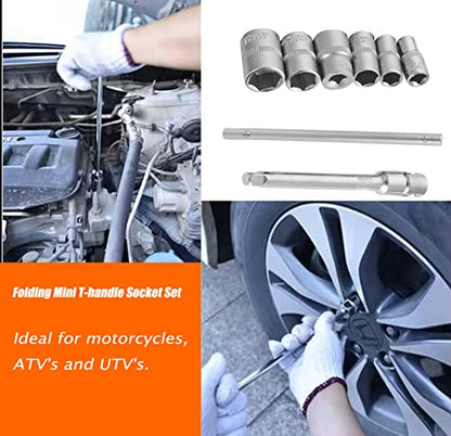 Folding Mini 1/4" Drive T-Handle Socket Wrench Set,Small T-Handle Home Repair Kit for Motorcycle Yamaha YZ250X YZ250 YZ250F