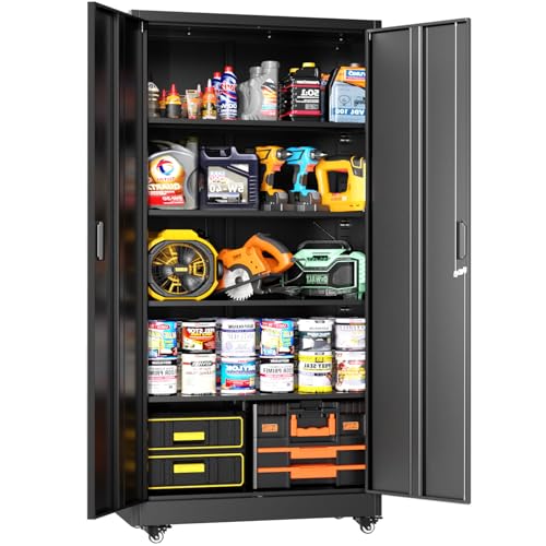 Greenvelly Metal Garage Storage Cabinet with Wheels, Black 73" Rolling Metal Cabinet with Locking Doors and Adjustable Shelves, Tool Organization with Wheels for Home,Kitchen,Office - color: Black, size: 73 inch - Rolling