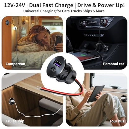 12V Aluminum USB Outlet Dual High-Speed Charging Ports, 30W PD3.0 Type-C+18W QC3.0 Fast Charging Socket, Recessed Mount Charger Replacement for Camper Van Trailer Truck Car Boat RV