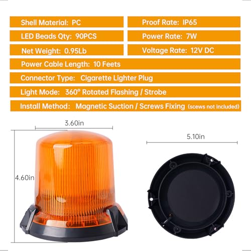 Amber Strobe Beacon Lights Magnetic, 90 LEDs Emergency Flashing Hazard lights, 12V Cigarette Lighter Plug Warning Light for Vehicles, Truck, Pickup, ATV, UTV,Camper,Boat