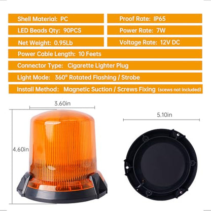 Amber Strobe Beacon Lights Magnetic, 90 LEDs Emergency Flashing Hazard lights, 12V Cigarette Lighter Plug Warning Light for Vehicles, Truck, Pickup, ATV, UTV,Camper,Boat