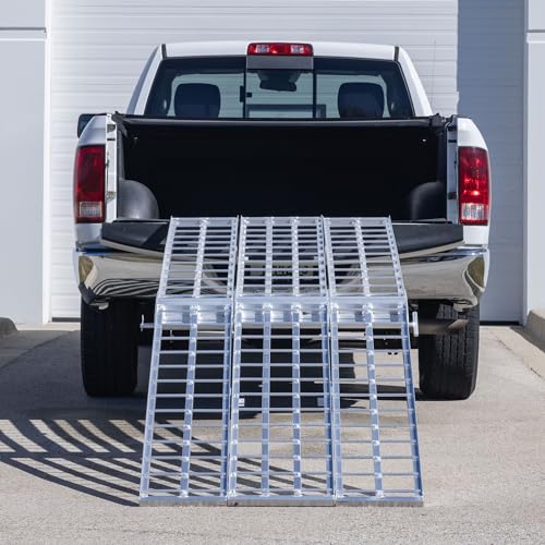 Black Widow 9' Aluminum Folding Motorcycle Ramp, Extra-Wide 3-Piece Arched Ride-Up Loading Ramp for Trucks and Trailers, 1,500 Lb Capacity, Silver - size: 9 feet