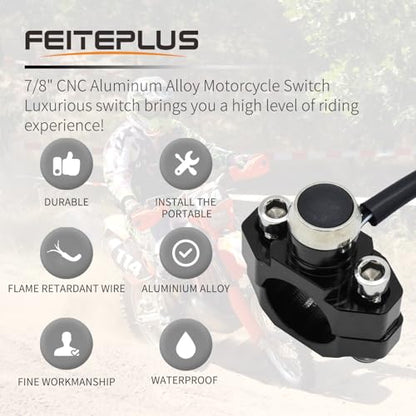 CNC Aluminum 7/8" Motorcycle Handlebar Control Horn Start Switch Button Momentary Action with Two Bullet Connectors Black