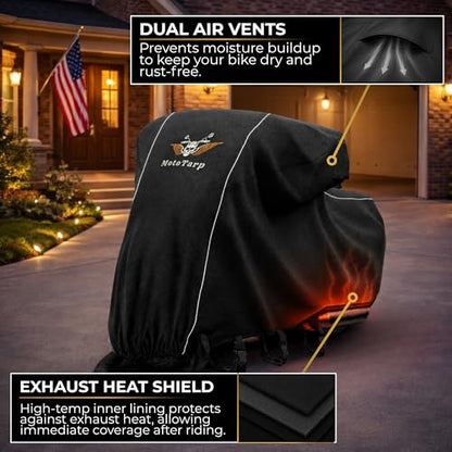 600D Heavy Duty Motorcycle Cover Waterproof Outdoor Storage All-Season Weatherproof Protection with Air Vents, Exhaust Heat Shield, Wheel Lock Slots - size: 5XL