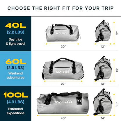 Malo’o Waterproof Dry Duffel, Heavy-Duty Roll Top Waterproof Gear Bag with Shoulder Strap & Molle Loops, Marine Duffel for Kayaking, Boating, Camping, Beach & Travel, Grey, 40L - color: Grey, size: 40L