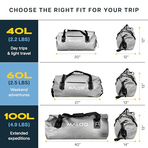 Malo’o Waterproof Dry Duffel, Heavy-Duty Roll Top Waterproof Gear Bag with Shoulder Strap & Molle Loops, Marine Duffel for Kayaking, Boating, Camping, Beach & Travel, Grey, 100L - color: Grey, size: 100L