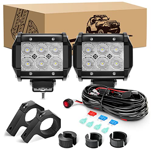 GOOACC Led Light Pods 2PCS 4 Inch 18W Flood Light Offroad Lights LED Fog Lights Mounting Bracket Horizontal Bar Tube Clamp with Off Road Wiring Harness-2 Leads for Trucks Boat, 2 Years Warranty