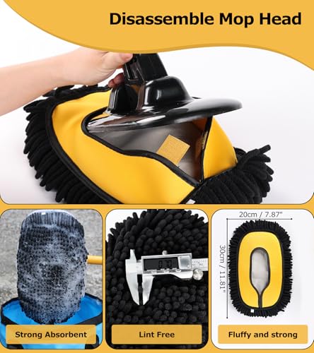 anngrowy 56.7" Car Wash Brush Mop Kit Mitt Sponge with Long Handle Car Cleaning Supplies Kit Tools Car Washing Duster Exterior Scratch Free, Chenille Replacement Head Extension Pole - color: Black