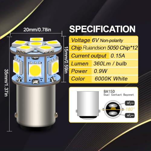 Ruiandsion 2pcs 6V BA15D 5050 12SMD 6000K White LED Light Bulbs for Back Up Reverse Lights Turn Signal Tail Lights - color: White, size: BA15D