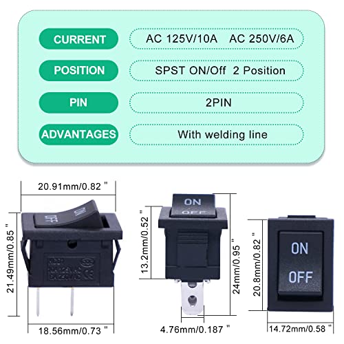 Twidec/5Pcs Rocker Switch AC 6A/250V 10A/125V SPST 2 Pins 2 Position ON/Off Car Boat Square Black Rocker Switch Toggle with Pre-soldered Wires KCD1-1-101-ON-OFF-X - color: Black-Square-ON OFF-5PCS