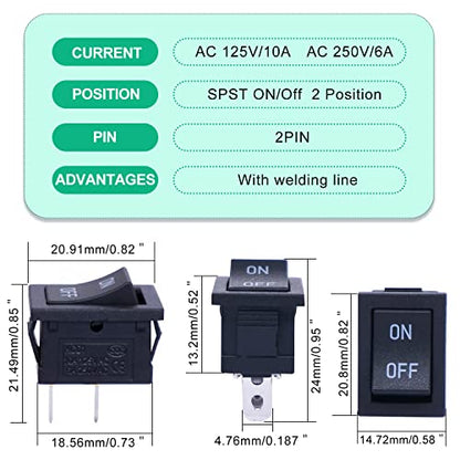 Twidec/5Pcs Rocker Switch AC 6A/250V 10A/125V SPST 2 Pins 2 Position ON/Off Car Boat Square Black Rocker Switch Toggle with Pre-soldered Wires KCD1-1-101-ON-OFF-X - color: Black-Square-ON OFF-5PCS