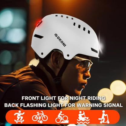 DKONI Bike Helmet with LED Lights Bicycle Helmets Commuter Cycling Helmet USB Rechargeable Front & Back LED Light Helmet for Adult Men Women - color: White, size: Large: 22-24 inch (56-61cm)
