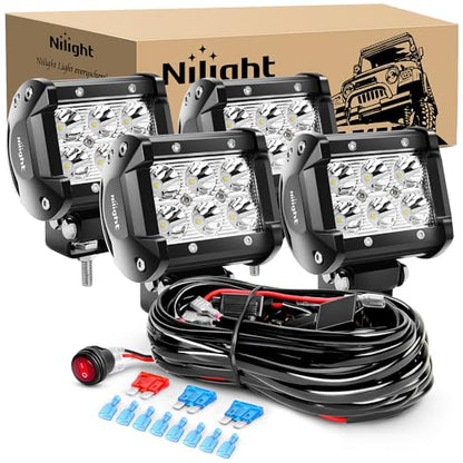 Nilight 4PCS 4 Inch 18W Spot Led Light Bars LED Work Lights Led Fog Lights Off Road Driving Lights with Off Road Wiring Harness - color: Led Pods 4Pcs+Wiring Harness, size: 4 Inch