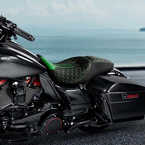 C.C. RIDER Octogon Highway 2-up Motorcycle Seat Driver Passenger Touring Seat for Harley Davison Electra Glide Classic Street Glide Road Glide 2009-2023 - color: Seat-Green Stitching