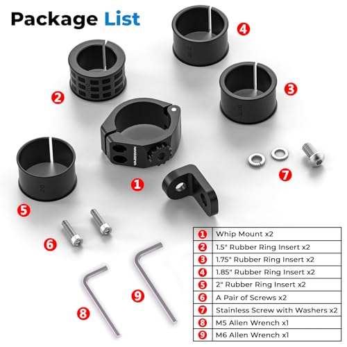 VAZESWIN 2PCS Thickened UTV Whip Light Mount, Solid Aluminium Alloy UTV Flag Mount, Heavy Duty Light Bar Mounting Bracket 360° Rotation Adjustable Roll Bar Clamp for 1.5"/1.75"/1.85"/2"/2.1" Roll Cage