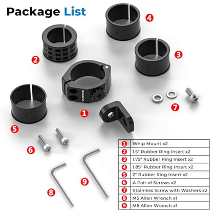 VAZESWIN 2PCS Thickened UTV Whip Light Mount, Solid Aluminium Alloy UTV Flag Mount, Heavy Duty Light Bar Mounting Bracket 360° Rotation Adjustable Roll Bar Clamp for 1.5"/1.75"/1.85"/2"/2.1" Roll Cage