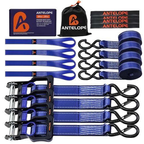 Ratchet Tie Down Straps Set, 5250 LBS Breaking Strength, 4 Pack 1.5" x 8' Heavy Duty Ratchet Straps, Cargo Strap, Motorcycle Straps for Trucks, Bicycle, Kayak, Moving, Tie Downs with S Hooks, Blue - color: Blue, size: 4PK-1.5in