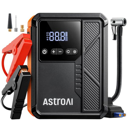 AstroAI Beta822 3000A Jump Starter with Air Compressor, 150PSI Portable Tire Inflator with Auto-Shutoff, 12V Car Battery Booster (9.0 Gas/7.0L Diesel) with LED Light and Jumper Cables, Black - color: Black