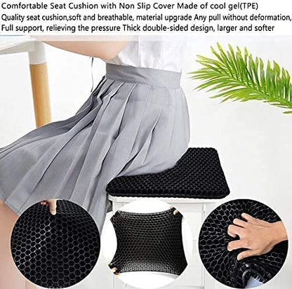 Gel Seat Cushion, for Long Sitting -Double Thick Gel Seat Cushion Breathable Honeycomb Chair Cushion with Non-Slip Cover for Office Chair Car, Wheelchair, Long Trips,Relief Sciatica Pain - color: Black