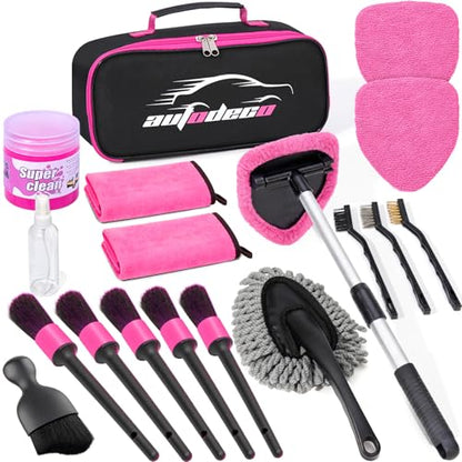 Windshield Cleaner Tool, 17Pcs Car Interior Detailing Kit, Detailing Brush, Towels, Duster, Car Cleaning Kit Interior for RVs, Truck, Trailer (Pink) - color: Pink