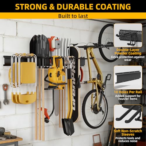 GRENPRO Garage Tool Organizer Wall Mount with 49.5 inches Rails and 6 Double-layer Hooks, Heavy Duty Tool Rack, Garage Storage Rack For Yard Tools - size: 49.5 inch