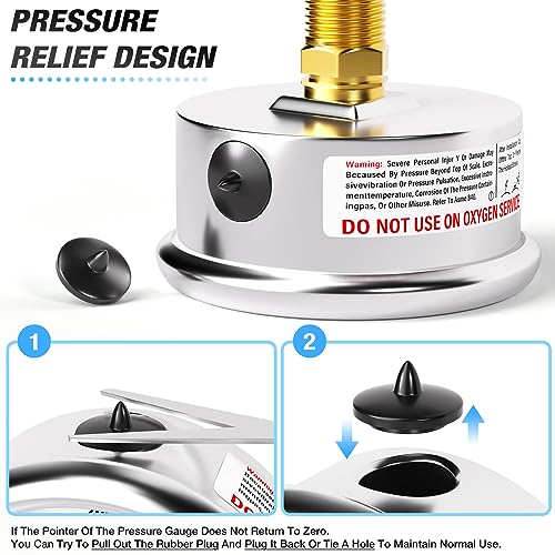 MEANLIN MEASURE 0~60Psi Liquid Filled Pressure Gauge 1/4" NPT 2.5" FACE DIAL Stainless Steel Glycerin Filled WOG Water Oil Air Back Mount (with 2PCS Snaps) - size: 0-60Psi