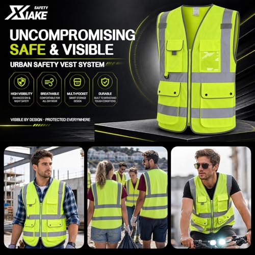 XIAKE Reflective Safety Vest for Men & Women High Visibility Class 2 Vest with Pockets Meets ANSI Standards - color: Yellow, size: Large