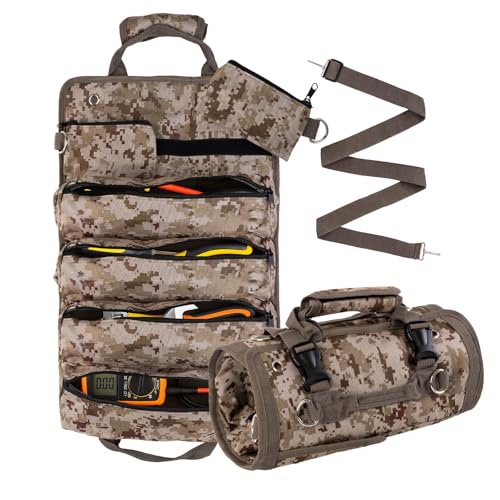 Roll Up Tool Bag, Heavy Duty Portable Tool Organizer with 4 Pouches Tool Roll and 2 Small Zipper Pouches, Compact Motorcycle Tool Storage for Car Garage, Handyman, Dad or Husband Birthday Gifts, Camo - color: Camouflage