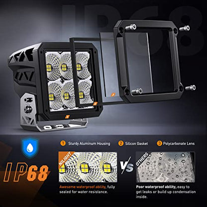 Nilight 2 PCS LED Pod Lights 120W 4 Inch Square 13500LM 120° Super Flood 14AWG DT Connector Wiring Harness Kit Offroad Driving Work Light for Truck UTV ATV SUV 4x4 - color: 6LED Flood Pod