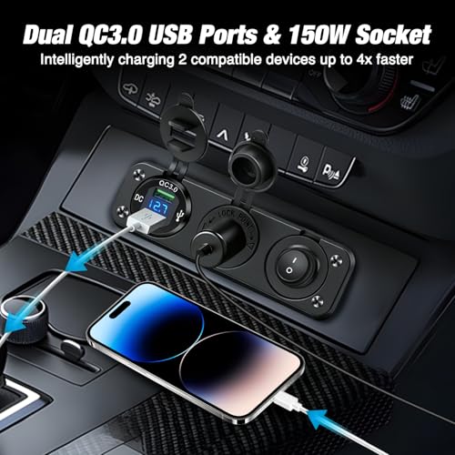 Nilight 4 in 1 Charger Socket Panel Dual QC3.0 USB with LED Voltmeter Display and Cigarette Lighter Power Cutoff Switch for CarsTrucks UTV ATV - color: Dual USB w/Switch