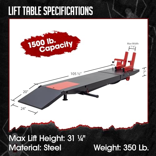Motorcycle Lift Table, Pneumatic, 1,500 lb, ProLift, 31.25" H, Jack, Black Widow