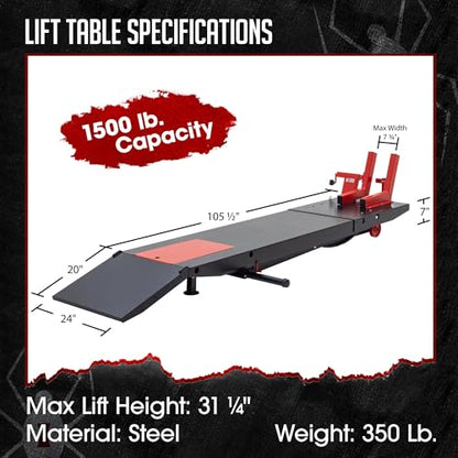 Motorcycle Lift Table, Pneumatic, 1,500 lb, ProLift, 31.25" H, Jack, Black Widow