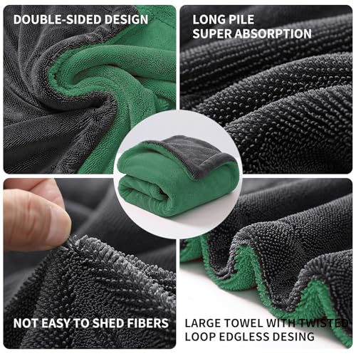 Extra Large Car Drying Towel, 36 Inches, 1300gsm,Super Absorbent Polyamide, Double-Twisted Design (Green and Grey) - color: Green and Grey