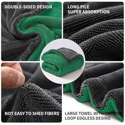 Extra Large Car Drying Towel, 36 Inches, 1300gsm,Super Absorbent Polyamide, Double-Twisted Design (Green and Grey) - color: Green and Grey