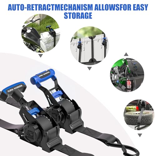 Retractable Ratchet Straps (4-Pack) - 1 Inch x 10 Feet (1,500lb Break Strength) - Auto Self Retracting Tie Down Straps for Truck, Cargo Trailer, Motorcycle, ATV, UTV - Blue