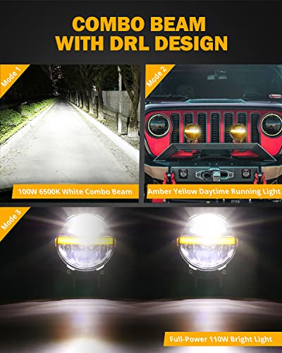 Auxbeam 4 Inch 110W Round Offroad Lights, Amber DRL Design 11000LM LED Light Pods, Super Bright 7035 SMD LED Work Driving Fog Light with DT Wiring Harness Kit for Truck Jeep Pickup SUV ATV UTV, 2 PCS - color: C4 Series-White Beam with DRL