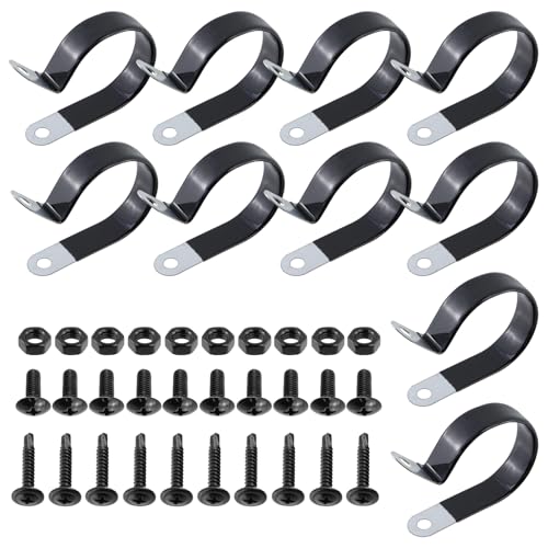Antrader Cable Clamps, 10Pcs Carbon Steel Rubber Cushion Insulated Loop Clips, 50mm/1.97inch R-Type Cable Management Cord Organizer with Screws - color: Black With Rubber Cushion, size: 0.2 Inch