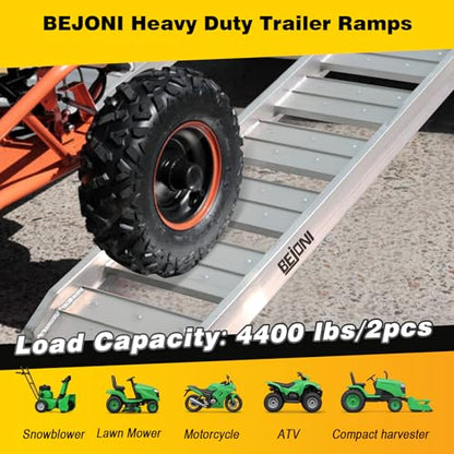 BEJONI Aluminum Trailer Ramps, 4FT Heavy Duty Truck Ramps, 4400 LBS Load Capacity, Hook End Universal Loading Ramp for ATV, UTV, Motorcycle, Lawn Tractor, Pickup Truck & Trailer, 2 Pcs - size: 48''L - 4400lbs Load Capacity