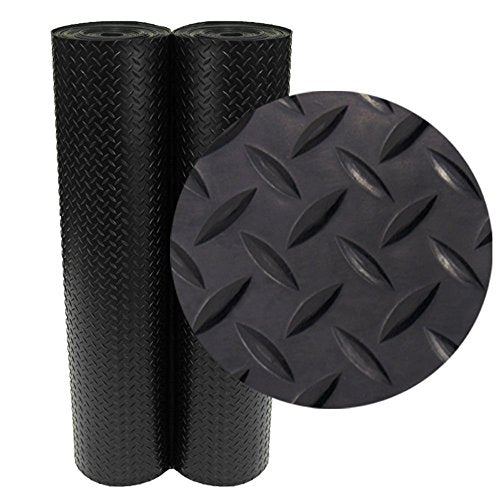 Rubber-Cal Diamond-Plate Rubber Flooring Roll - 3 mm x 4 ft x 7 ft Roll - Black - size: 84"L x 48"W x 0.1"Th