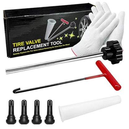 7 PCS Quick Change Tire Valve Tool Kit, Tire Valve Stem Core Quickly Replacement Tool for Replacing Leaky Valves, Stem Installer with 4 TR413 Valves for Car Truck Motorcycle