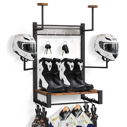 TheElves Motorcycle Helmet Holder Wall Mount, Heavy-Duty Helmet Rack with 4 Helmet Holder & 4 Glove Clips & 4 Hooks, Rustic Wooden Motorcycle Gear Storage Organizer for Helmets, Jackets, Accessories