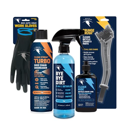 White Lightning Complete Bike Cleaning Kit – At-Home Bicycle Maintenance System with Clean Ride Self-Cleaning Wax Lube, Clean Streak Degreaser, & Bye Bye Dirt 3-in-1 Detailer for Frames & Drivetrains